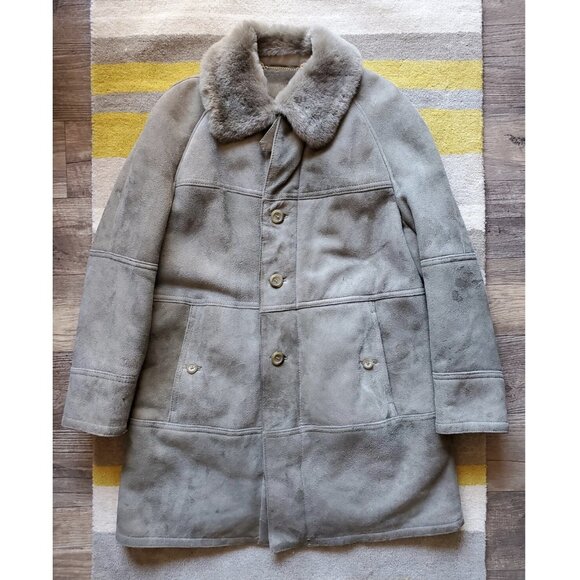 Long Grey Shearling Leather Coat - Picture 1 of 10